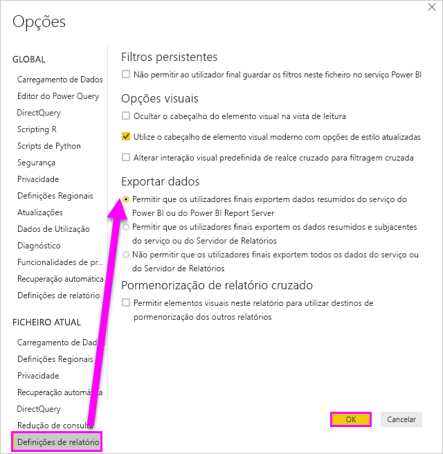 Captura de ecrã a mostrar as definições do relatório do ambiente de trabalho.