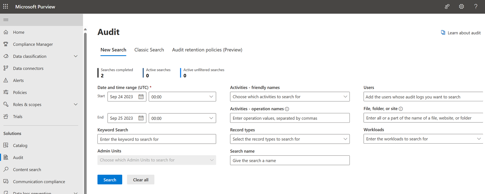 Microsoft Página de auditoria de pesquisa Purview