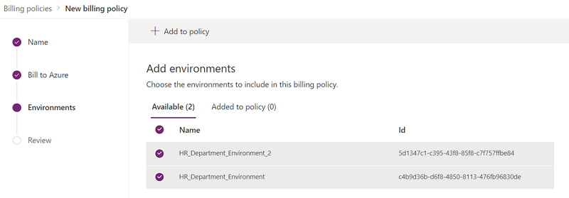Ambientes disponíveis para adicionar a uma política de faturação