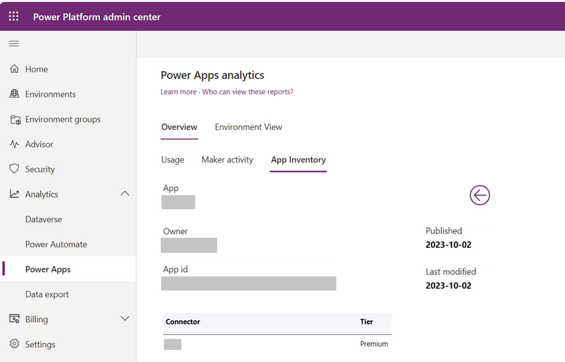 Uma captura de tela com detalhes sobre conectores no Power Apps relatório de inventário