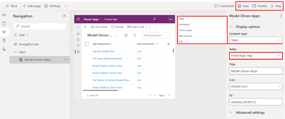 Configure que tipo de conteúdo pretende adicionar à aplicação, como tabelas, dashboards e ligações.