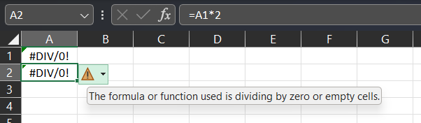 Folha de cálculo do Excel com A2=A1*2 e #DIV/0! mostrados na célula