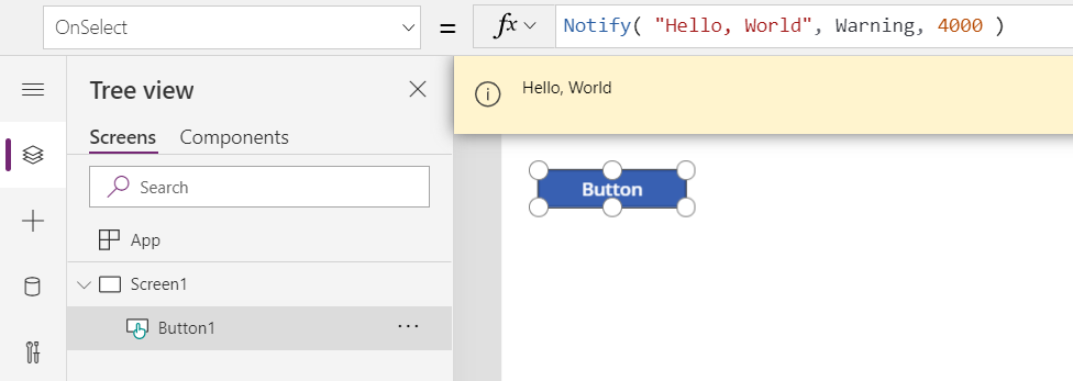 Ambiente de criação a mostrar a propriedade Button.OnSelect a chamar Notify e a apresentar a mensagem resultante 