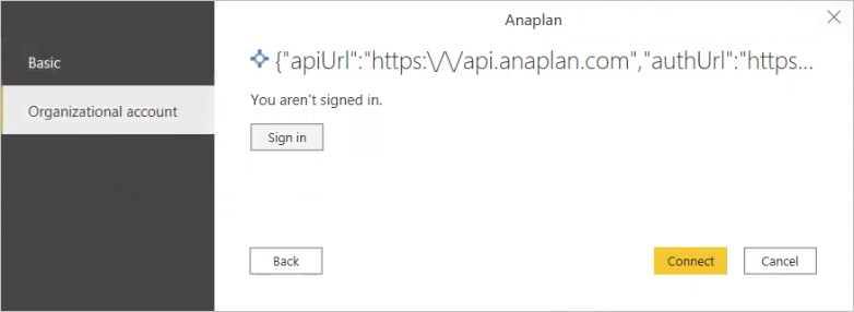 A caixa de diálogo Conectar para o conector Anaplan Power BI.