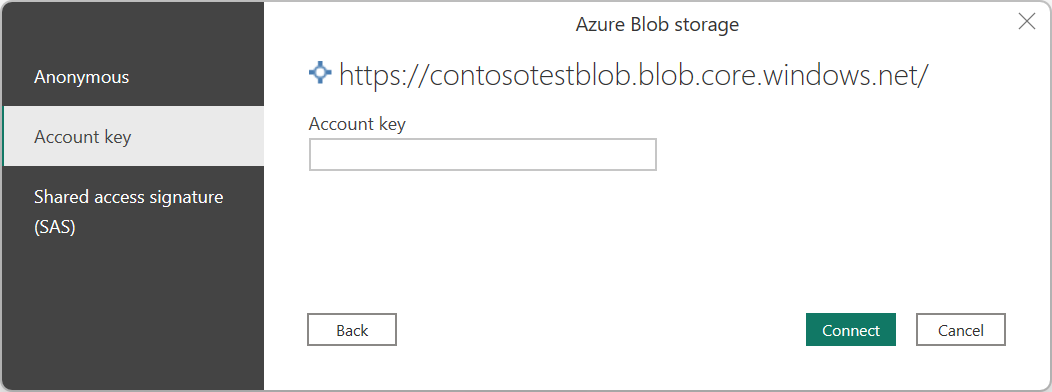 Captura de ecrã da caixa de diálogo de início de sessão para o Armazenamento de Blobs do Azure, com o método de autenticação de chave de conta selecionado.