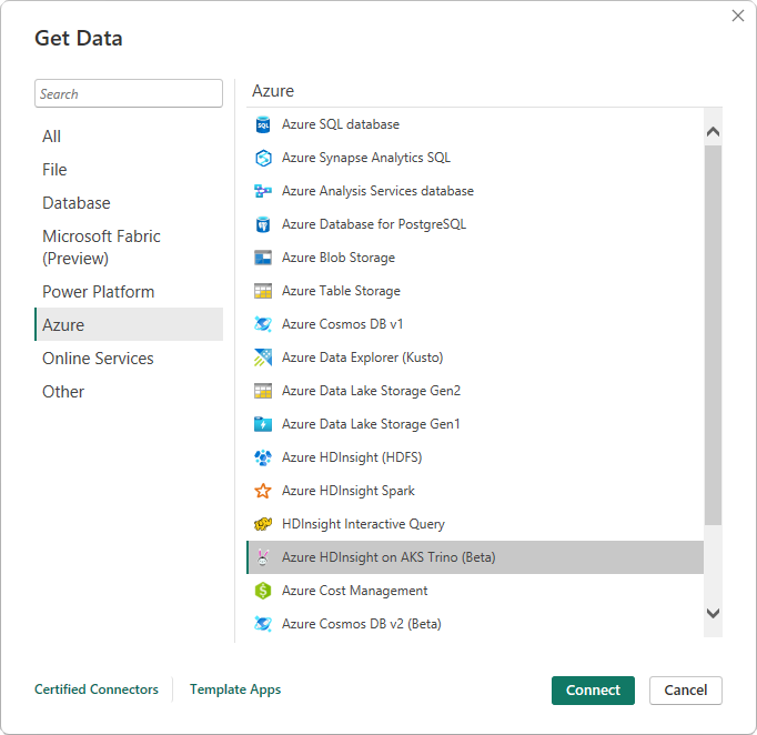 Captura de tela da caixa de diálogo Obter dados com a categoria Azure e o conector Azure HDInsight no AKS Trino enfatizado.