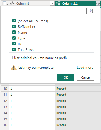 Captura de ecrã a mostrar a Coluna de Dados expandida1.1.