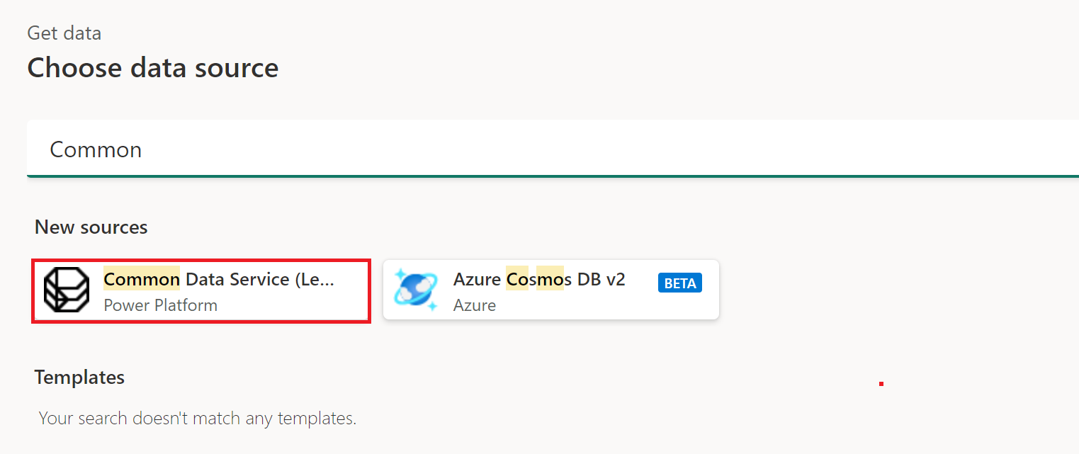 Captura de ecrã da janela obter dados escolher origem de dados no Power Query Online.