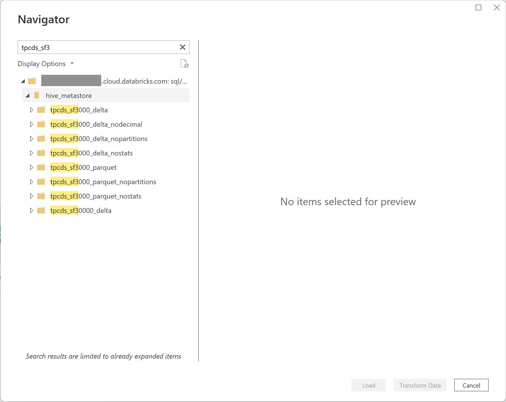 Imagem do navegador do Power Query a carregar dados do Databricks Cloud para a aplicação de ambiente de trabalho.