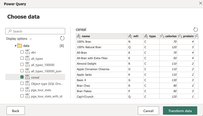 Captura de ecrã do Power Query Online Navigator a mostrar o conjunto de dados selecionado.