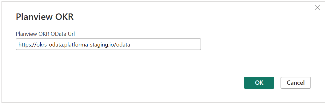 Captura de tela com o local do URL OKR do Planview preenchido e pronto para selecionar OK.