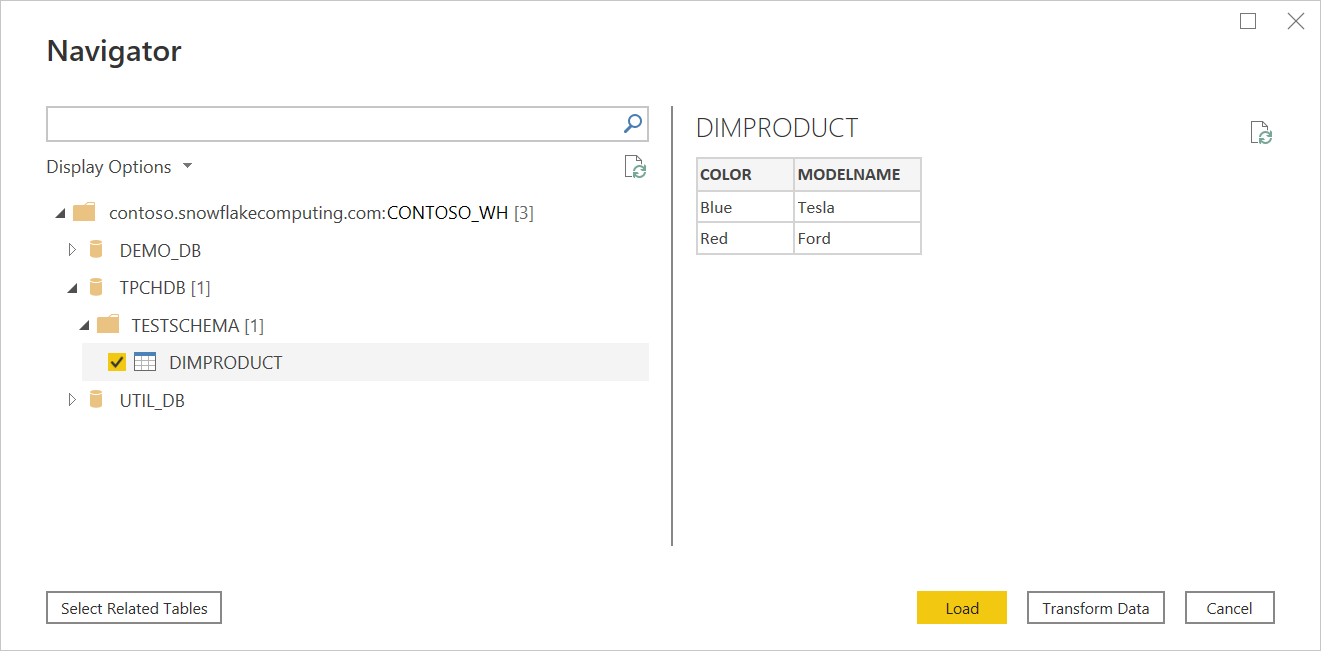 Captura de ecrã do Navigator com a base de dados do esquema de teste aberta e a tabela DimProduct selecionada.