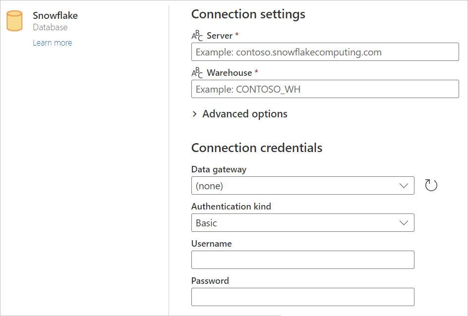 Construtor de ligações Snowflake no Power Query Online.