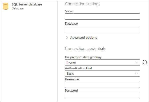 Construtor de conexões de banco de dados do SQL Server no Power Query Online.