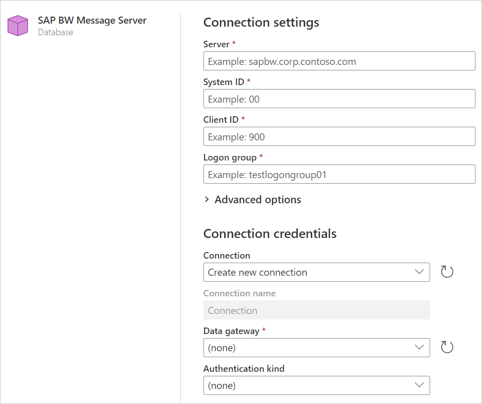 Início de sessão online do SAP BW Message Server.