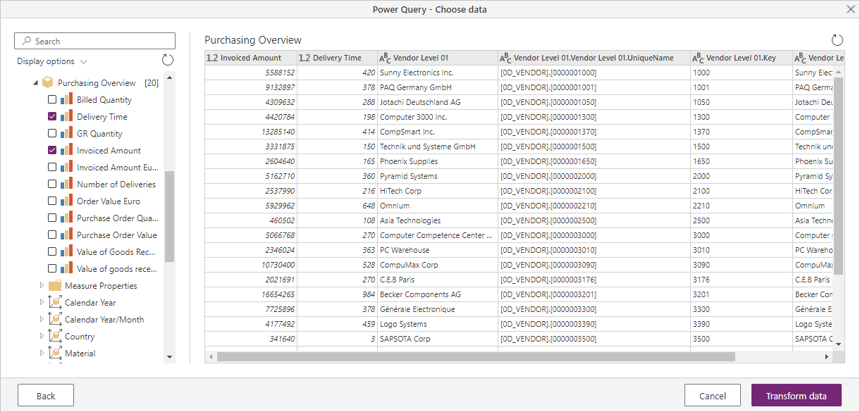 Vista do SAP BW Message Server Navigator a partir do Power Query Online.