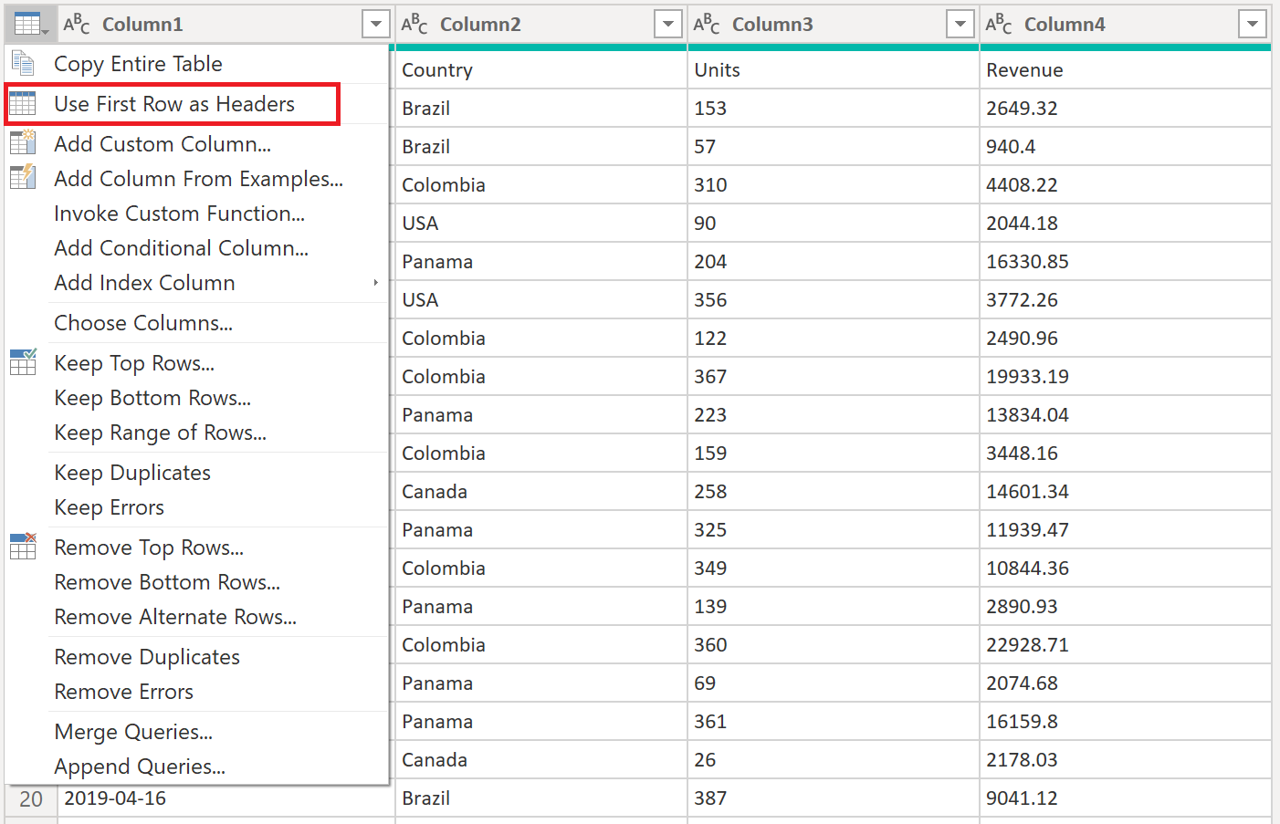 Captura de tela após a primeira linha ser usada como cabeçalhos.