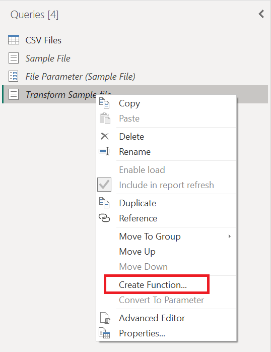 Captura de tela da opção Criar função usada para a consulta de arquivo Transform Sample.