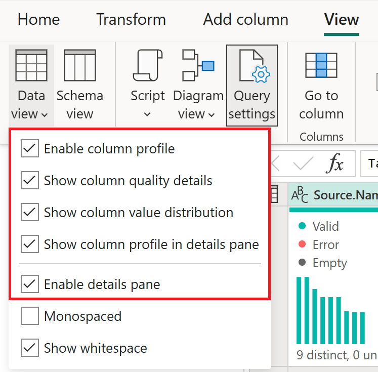 Captura de ecrã das ferramentas de criação de perfil de dados selecionadas em Vista de dados no separador Ver.