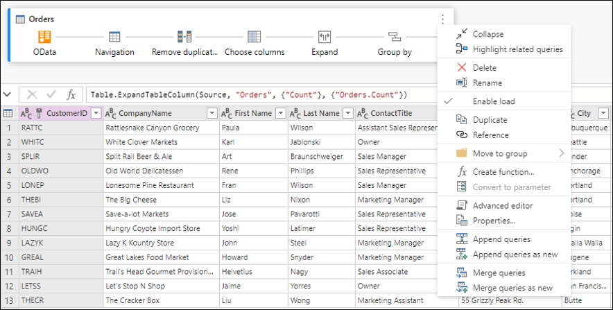 Mais ações de nível de consulta fornecidas pelo menu contextual de consulta selecionando os três pontos verticais ou clicando com o botão direito do mouse na consulta.