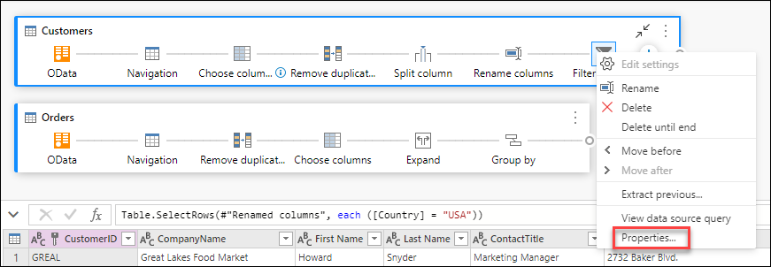 Opção Propriedades dentro do menu contextual de nível de etapa depois de clicar com o botão direito do mouse em uma etapa.