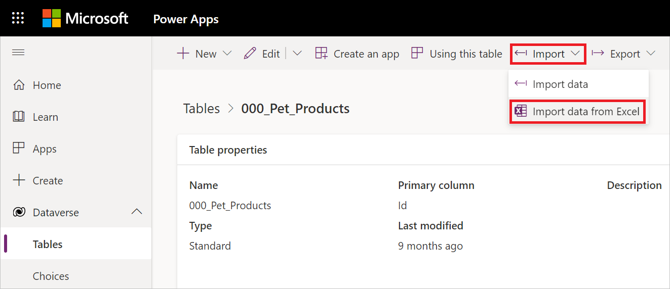 Imagem com tabelas Dataverse abertas e tabela individual aberta em um painel, o menu de contexto de importação aberto, com a opção de importação de dados do Excel enfatizada.