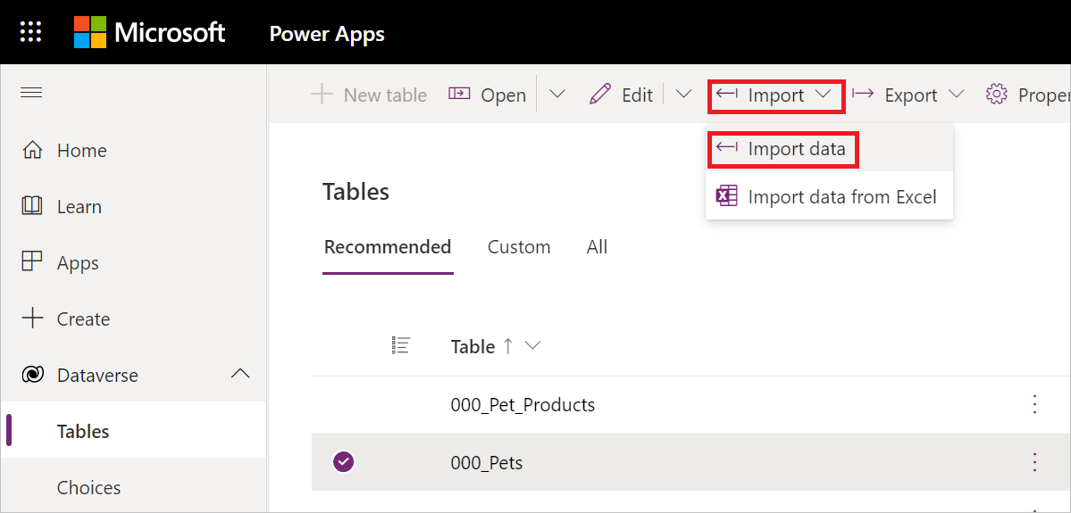 Captura de tela com tabelas Dataverse abertas, uma tabela selecionada, o menu de contexto de importação aberto, com a opção de importação de dados enfatizada.