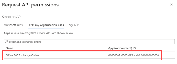 Localize e selecione Office 365 Exchange Online no separador APIs que a minha organização utiliza.