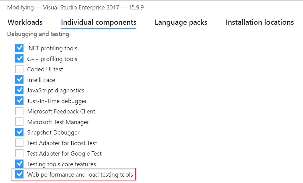 Captura de tela que mostra a interface do usuário do instalador do Visual Studio com componentes individuais selecionados com uma caixa de seleção ao lado do item para ferramentas de teste de carga e desempenho da Web.