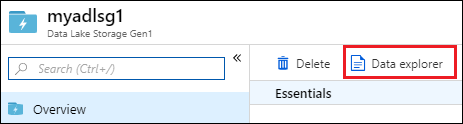 Captura de ecrã da folha da conta Data Lake Storage Gen 1 com a opção Data explorer realçada.