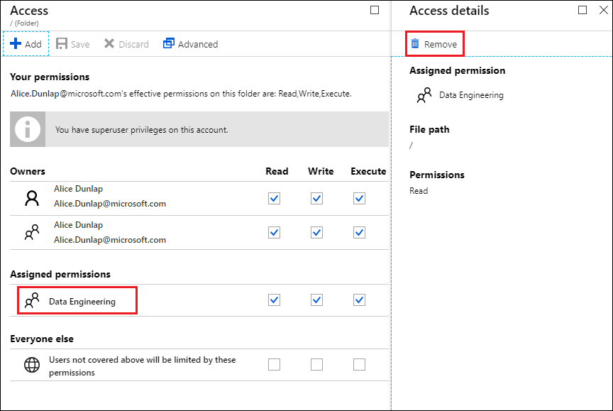 Captura de ecrã do painel Acesso com a opção Engenheria de Dados realçada e o painel Detalhes do Access com a opção Remover realçada.