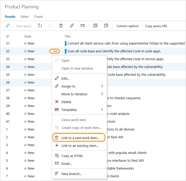 Screenshot of Query results page, multi-select items, open context menu, choose Link to a new work item, TFS-2017 version.