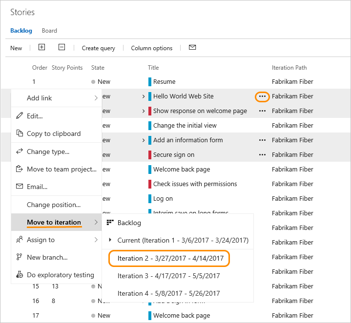 Backlog page, multi-select items, Open context menu, Move to iteration