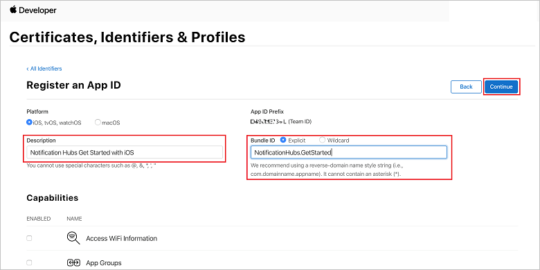 Página ID da aplicação de registo do Portal de Aprovisionamento do iOS