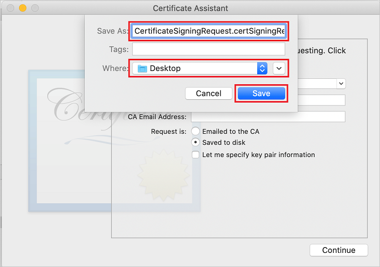 Escolher um nome de ficheiro para o certificado