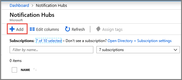 Hubs de Notificação – botão Adicionar barra de ferramentas