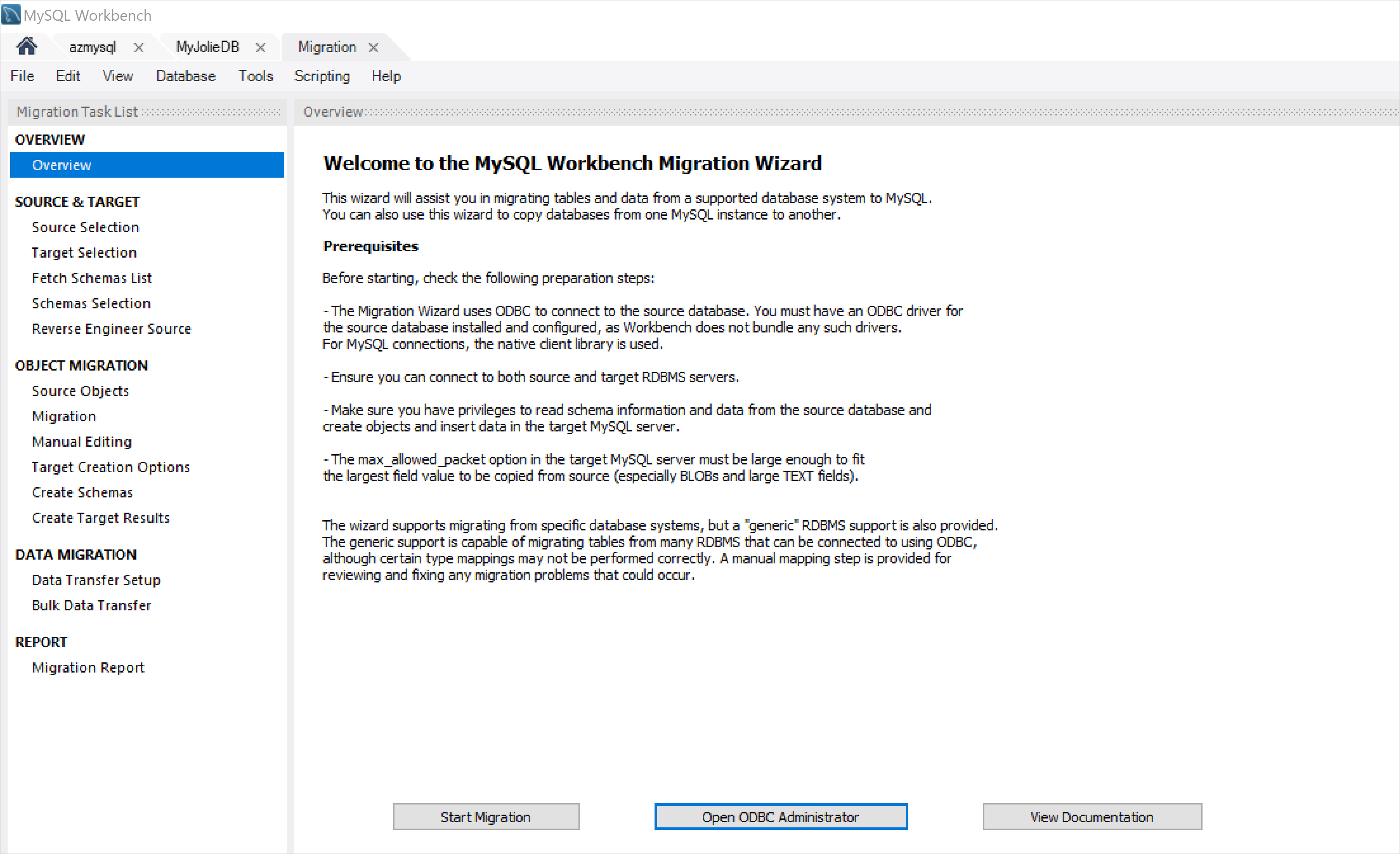 Página de boas-vindas do MySQL Workbench Migration Wizard