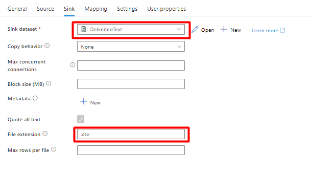 Captura de ecrã a mostrar como configurar o sink num Pipeline para mover os dados para o Armazenamento do Azure a partir do Snowflake.