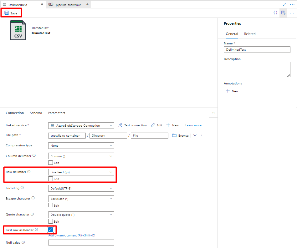 Captura de ecrã a mostrar como guardar uma configuração de DelimitedText para ser utilizada como sink para o Snowflake.