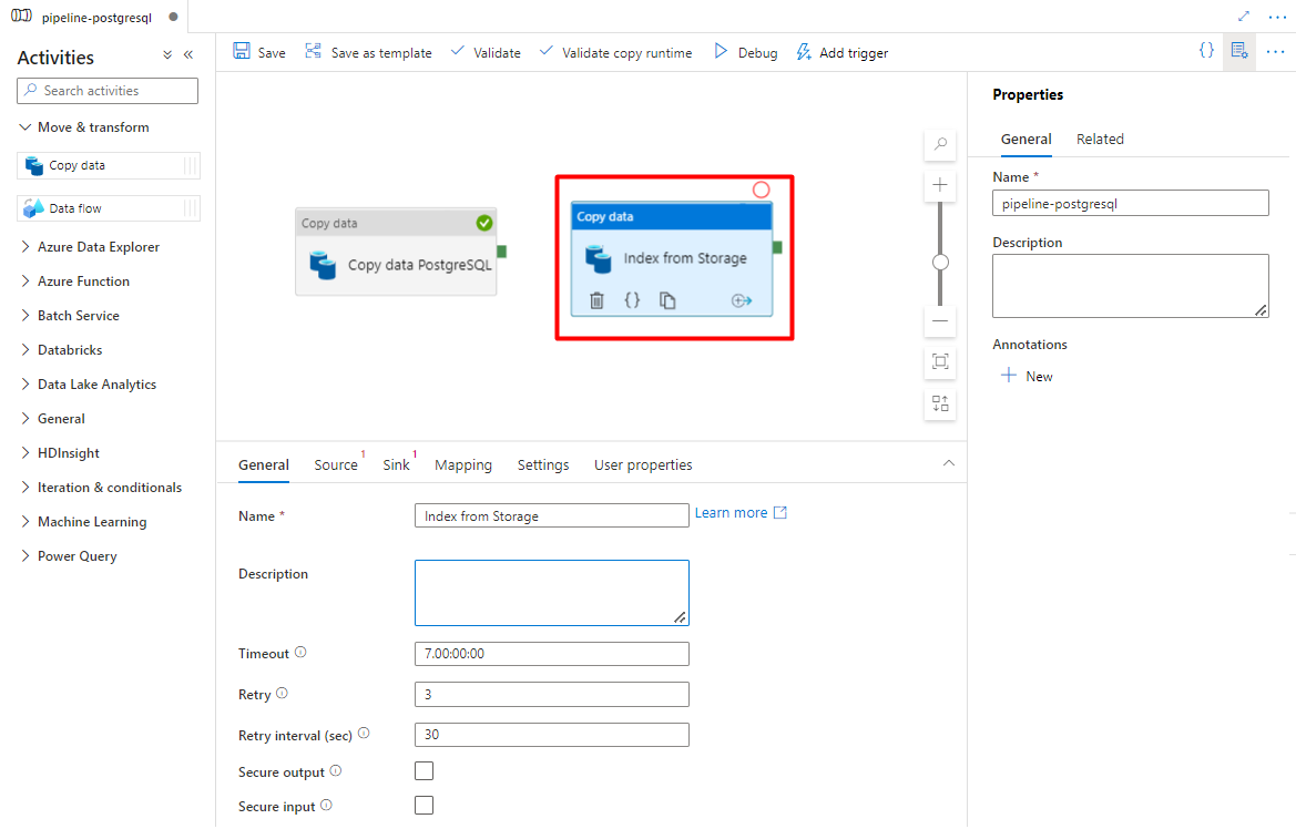 Captura de ecrã a mostrar como arrastar e largar Azure Data Factory para configurar uma atividade de cópia.