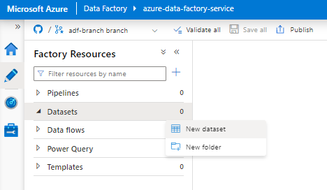 Captura de ecrã a mostrar como escolher um novo conjunto de dados no Azure Data Factory para Snowflake.