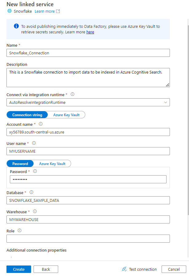 Captura de ecrã a mostrar como preencher o formulário do Serviço Ligado do Snowflake.