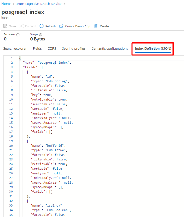 Captura de ecrã a mostrar como copiar a configuração JSON do índice de Azure Cognitive Search existente.