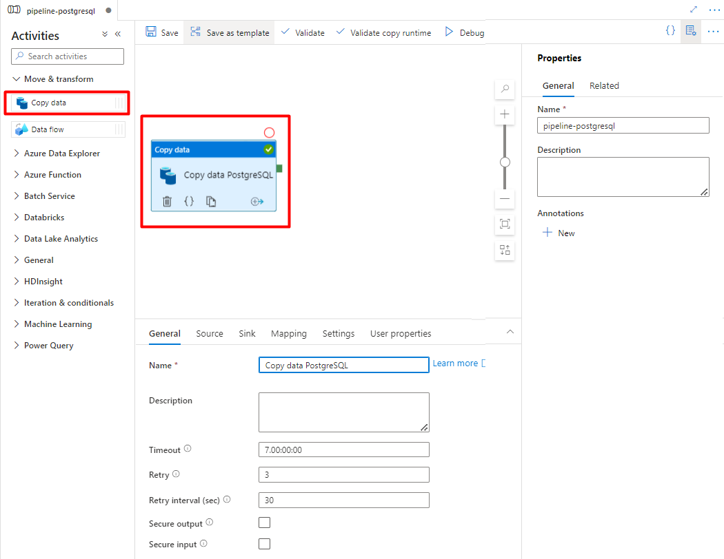 Captura de ecrã a mostrar como arrastar e largar Azure Data Factory para copiar dados do PostgreSQL.