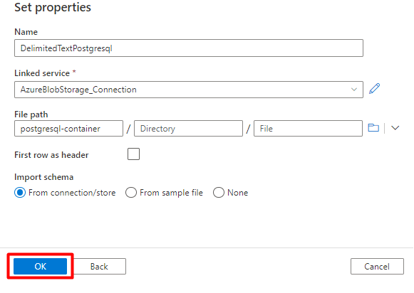 Captura de ecrã a mostrar como definir as propriedades do PostgreSQL para o conjunto de dados no Azure Data Factory.