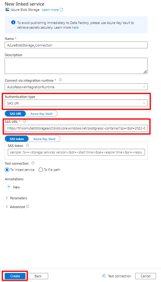 Captura de ecrã a mostrar como preencher o formulário Novo Serviço de Pesquisa Ligada no Azure Data Factory com as respetivas propriedades a importar a partir do PostgreSQL.