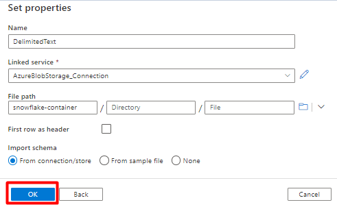 Captura de ecrã a mostrar como configurar propriedades para o conjunto de dados de armazenamento do Snowflake no Azure Data Factory.