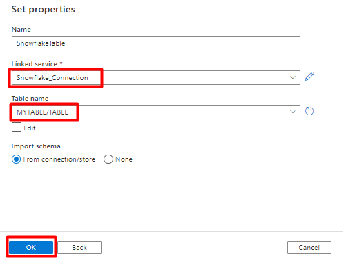 Captura de ecrã a mostrar como configurar as propriedades do conjunto de dados para o Snowflake.