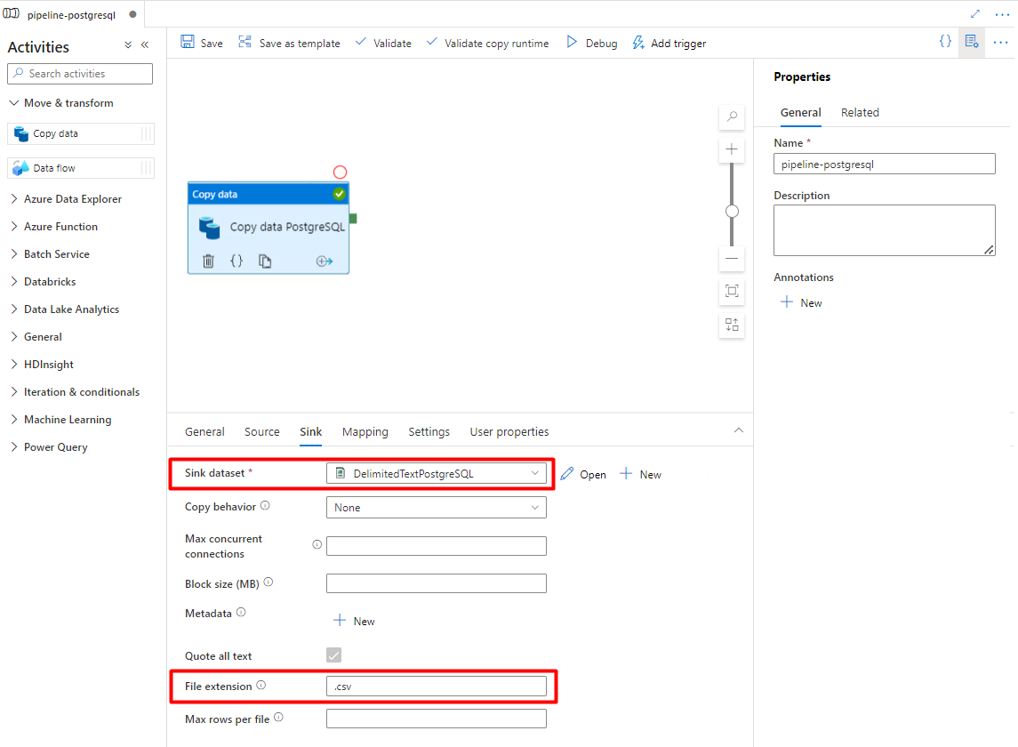 Captura de ecrã a mostrar como configurar o sink para importar dados do PostgreSQL para o blob de Armazenamento do Azure.