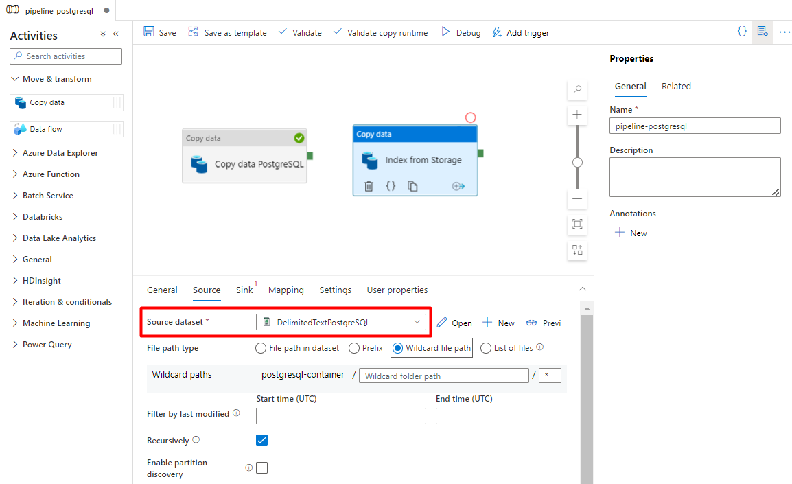 Captura de ecrã a mostrar como configurar a Origem para indexação do Armazenamento para Azure Cognitive Search índice.